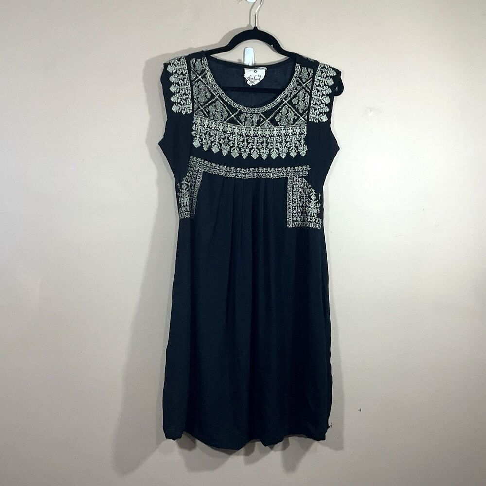Meena Mahal Poetric Threads Embroidered Midi Dress S Black Boho Hippie Festival